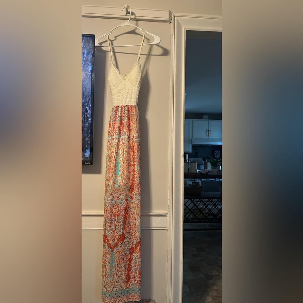 Elegant White and Orange Paisley Maxi Dress